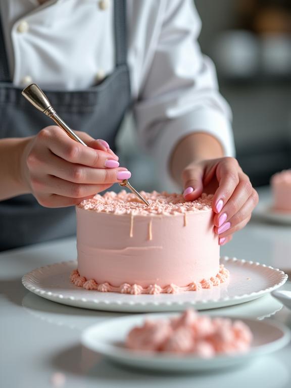 A close-up of a pastry chef meticulously applying icing to a bespoke cake.